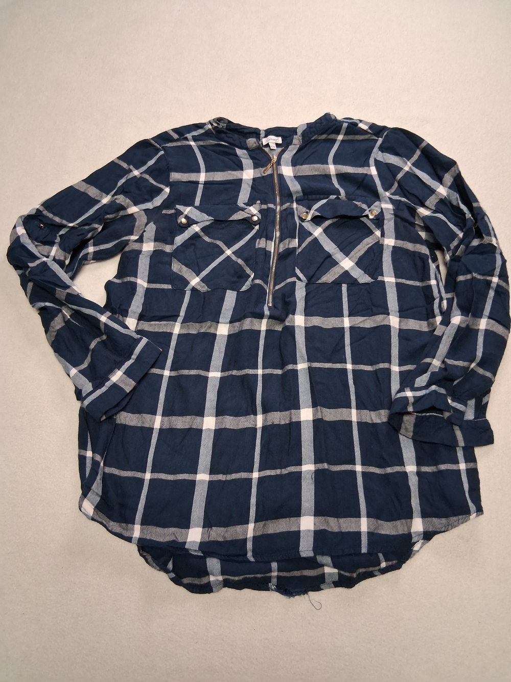 Kismet Navy and White Plaid Long Sleeve Pullover Shirt